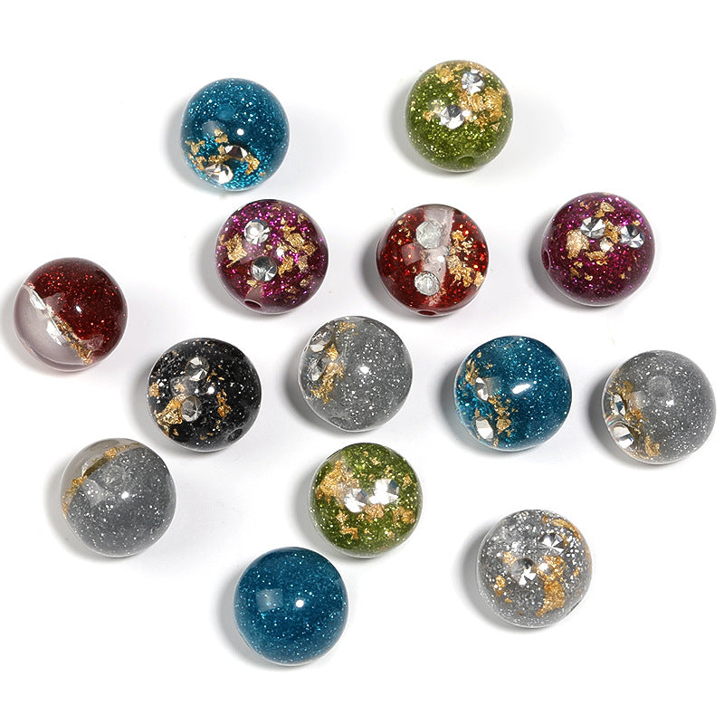 Wholesale 50pcs 16mm drop glue gold foil rhinestone resin round beads bright sequins through hole beads diy mobile phone chain beaded pen material